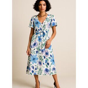 Maia Floral Midi Dress White with Blue & Purple Flowers V-Neck, Short Sleeve S